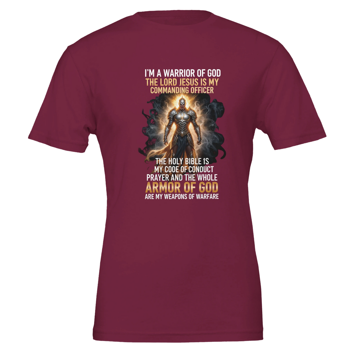 Maroon t-shirt with warrior graphic and text on a white background