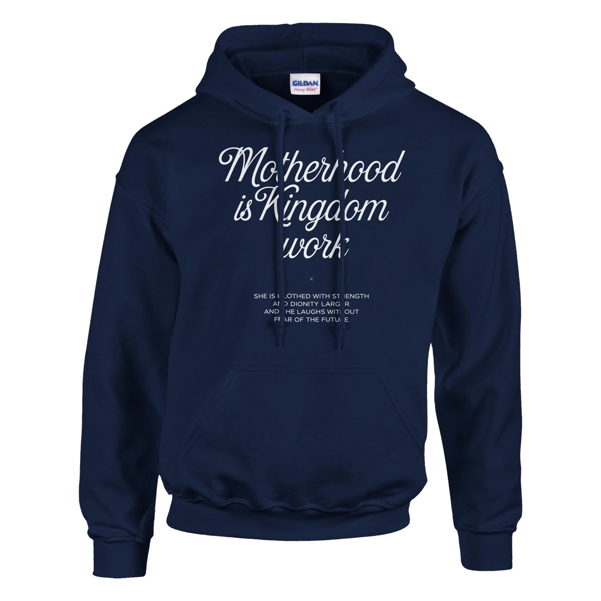 Navy blue hoodie with white text on a white background