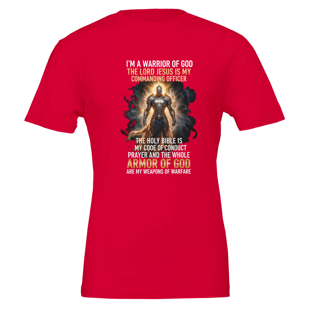 Red t-shirt with warrior graphic and text on a white background