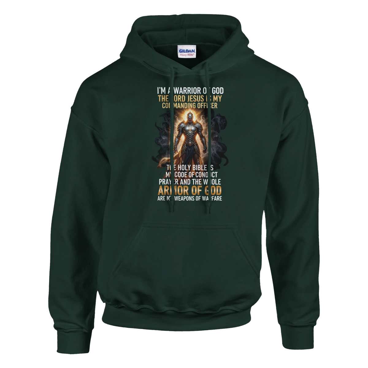Dark green hoodie with graphic design and text on a white background