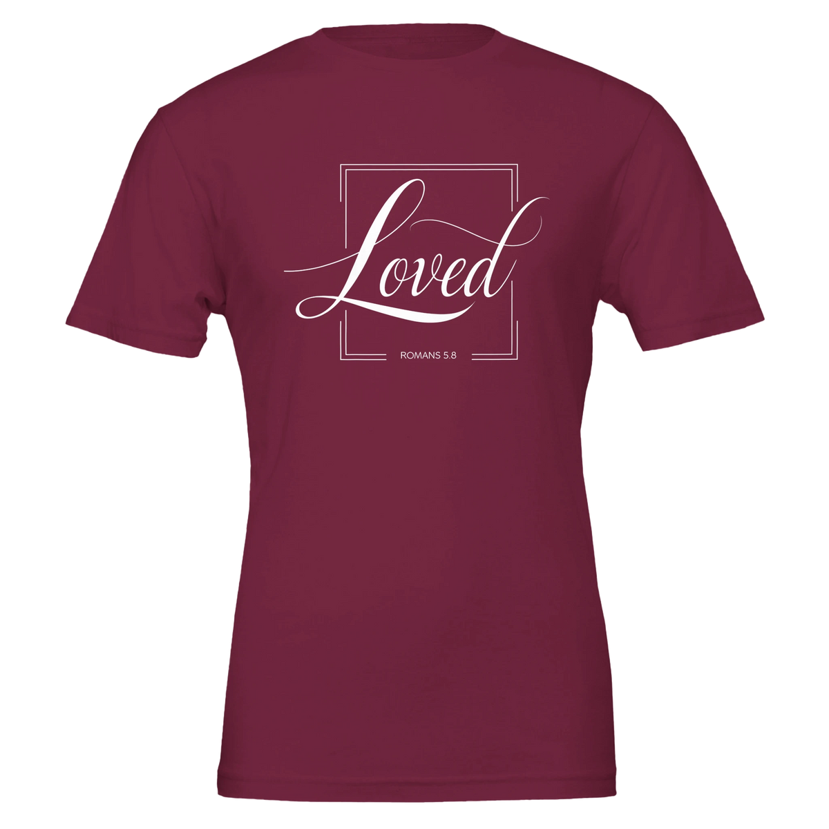 Maroon t-shirt with 'Loved' text on a white background