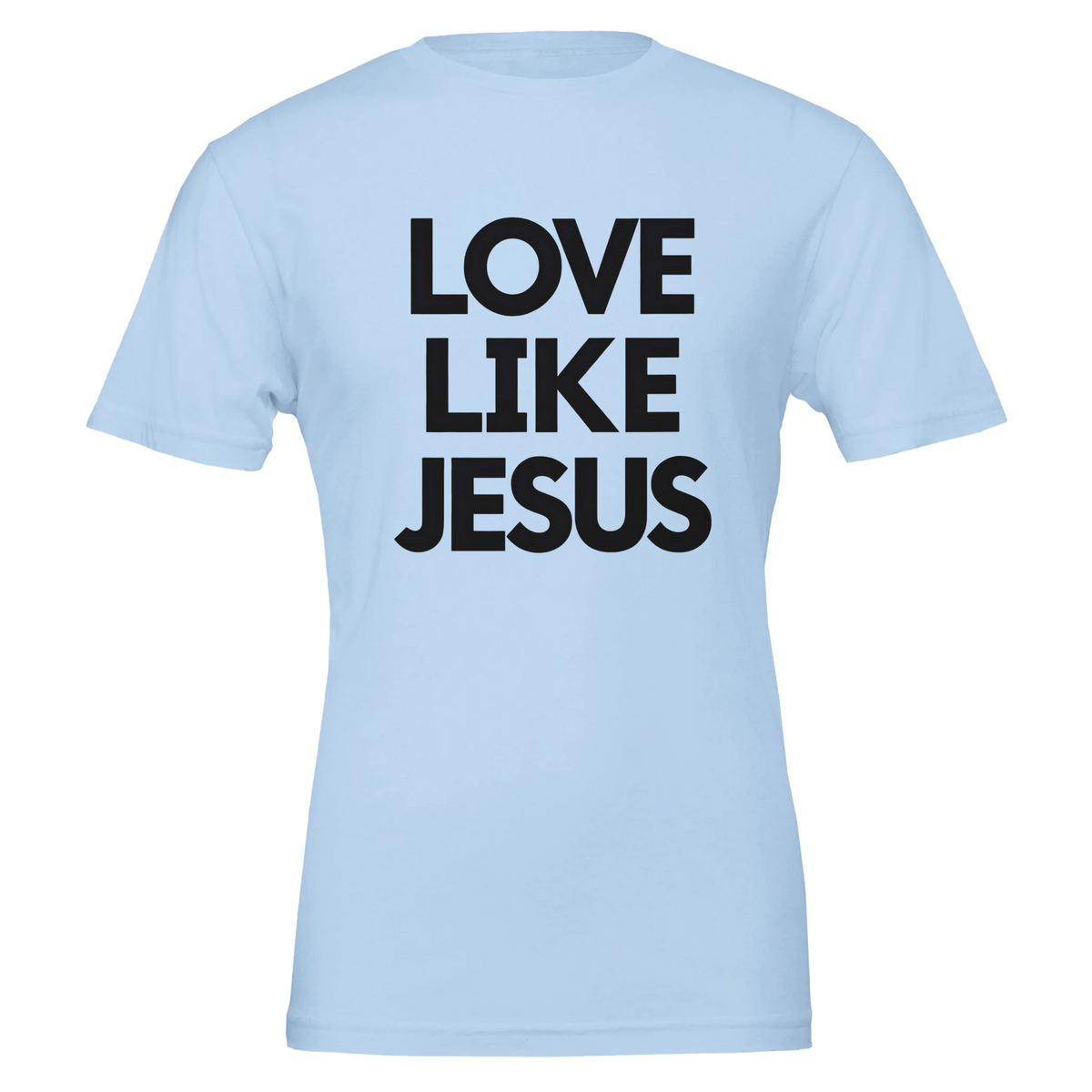 Light blue t-shirt with 'LOVE LIKE JESUS' text on a white background