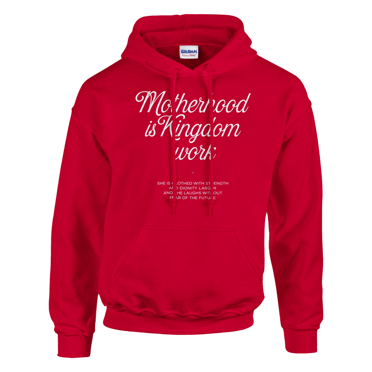 Red hoodie with text on a white background