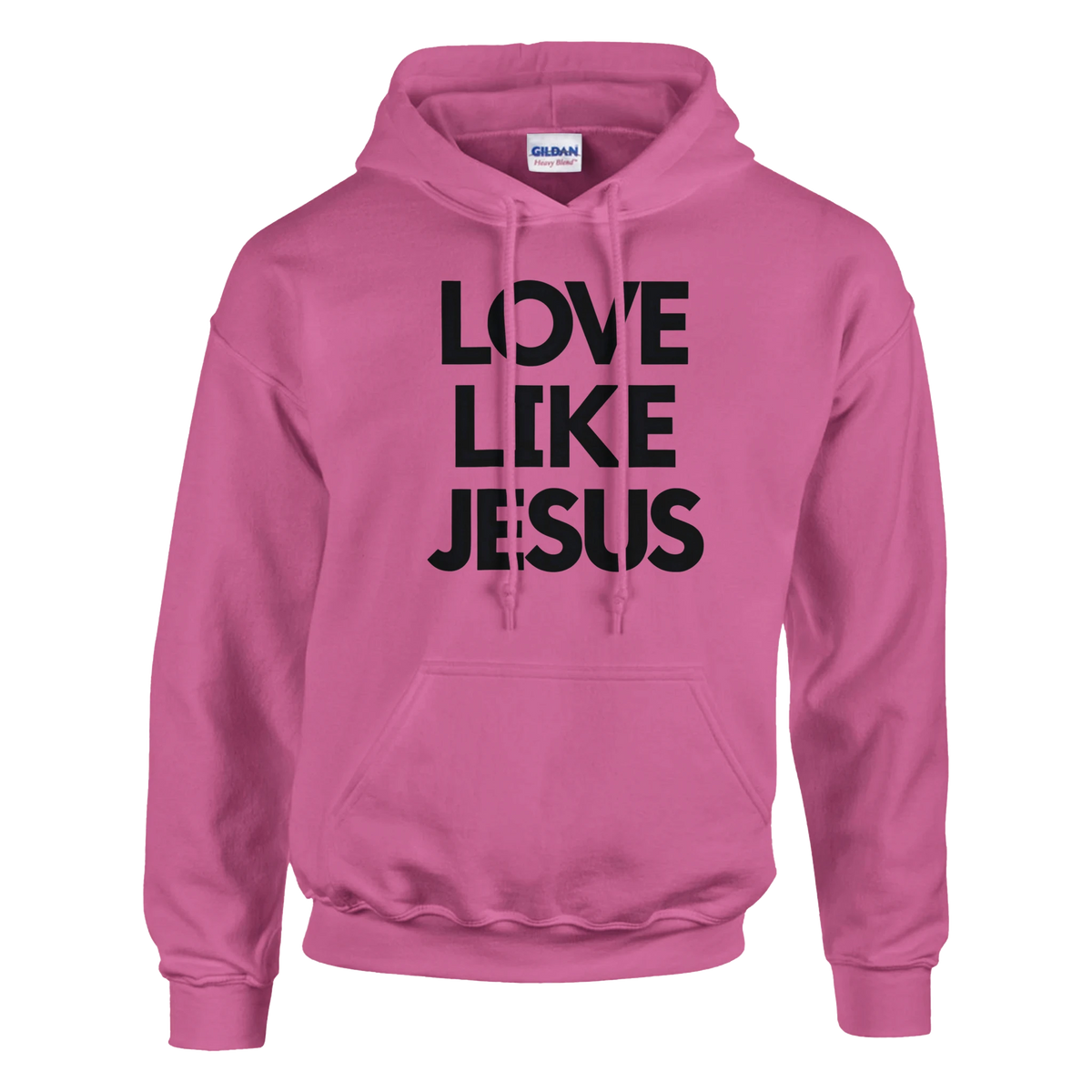 Pink hoodie with 'Love Like Jesus' text on a white background