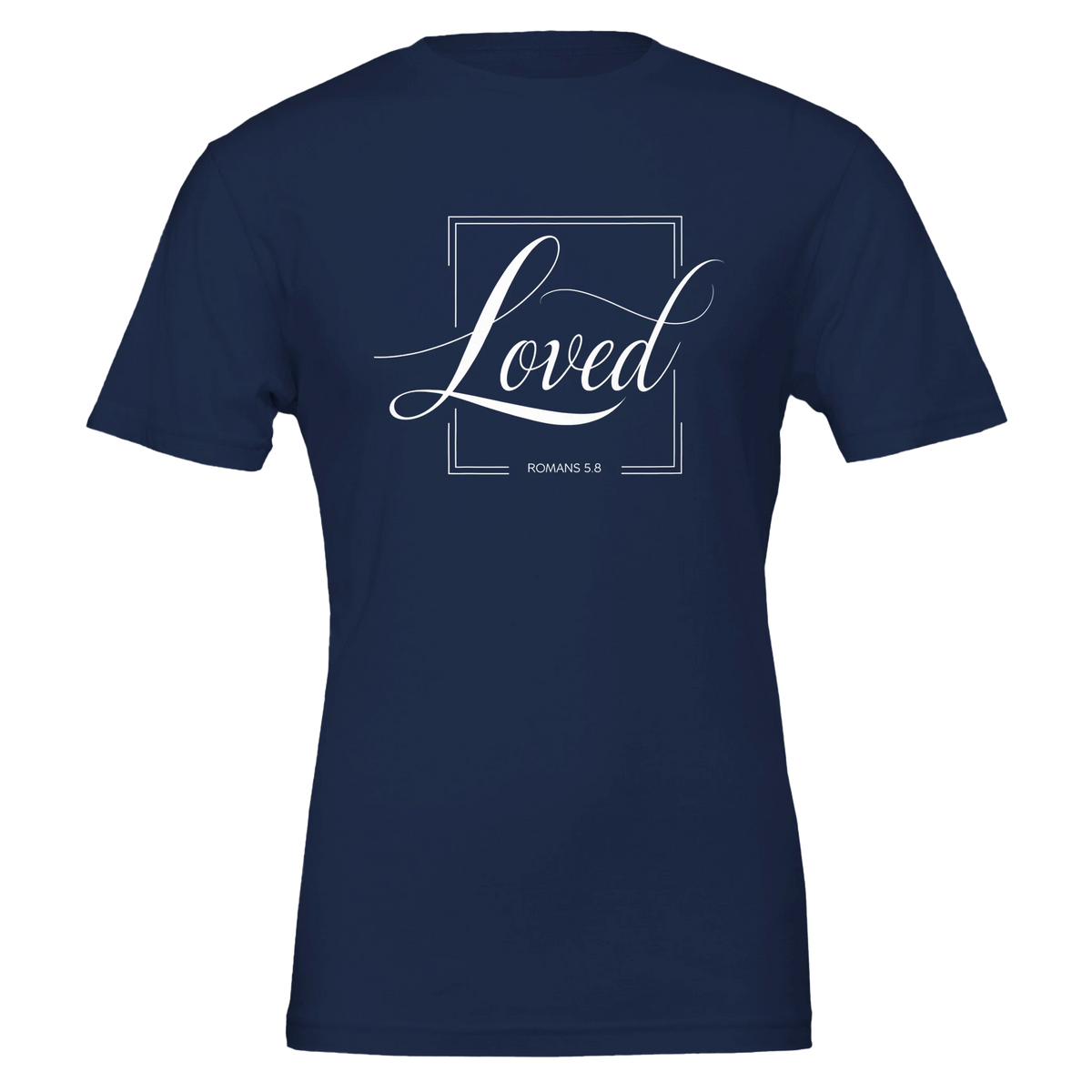 Navy blue t-shirt with 'Loved' text design on a white background
