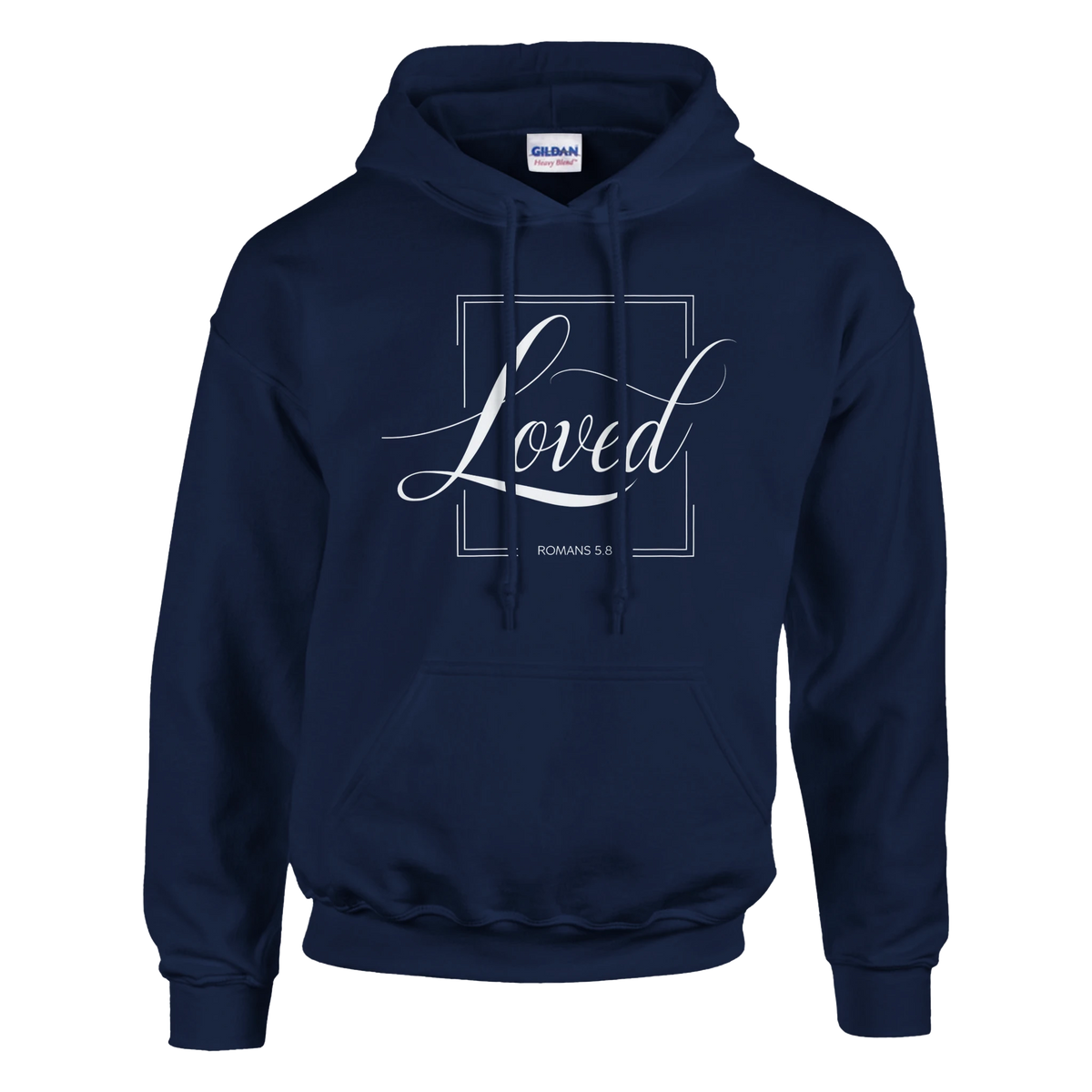 Navy blue hoodie with 'Loved' text on a white background