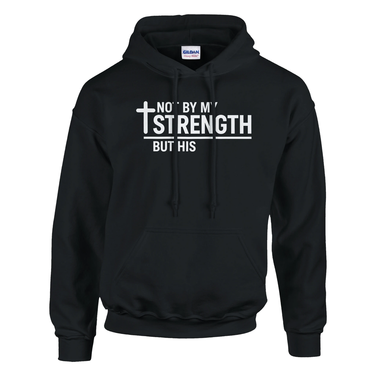 Black hoodie with white text and a cross on a white background