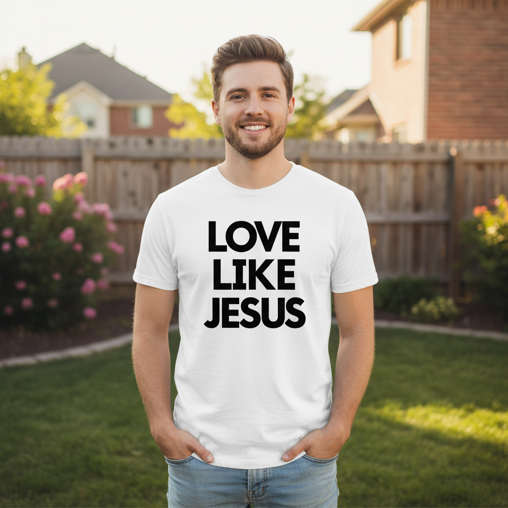 Man wearing a white t-shirt with 'LOVE LIKE JESUS' text in a backyard setting