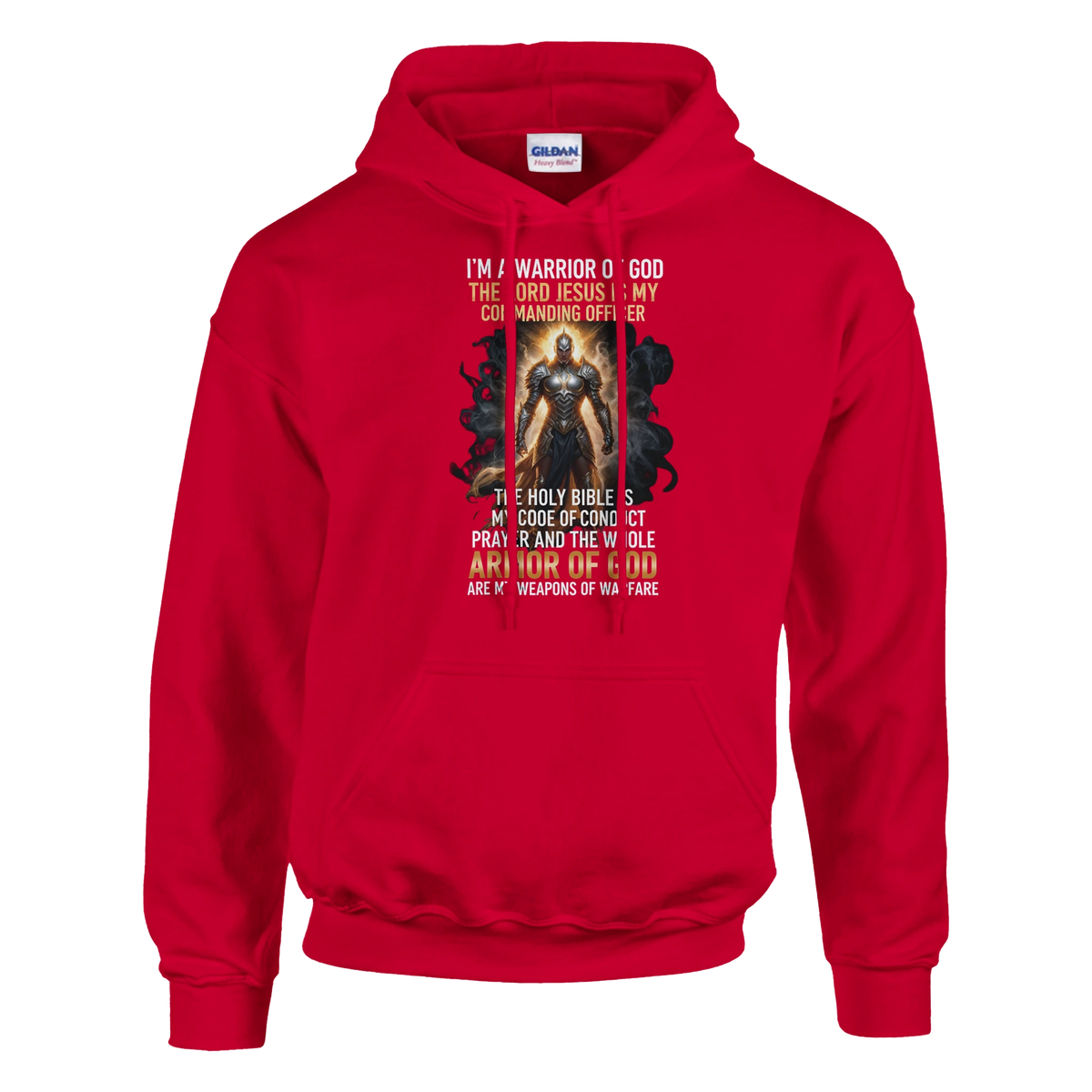 Red hoodie with a graphic design and text on a white background