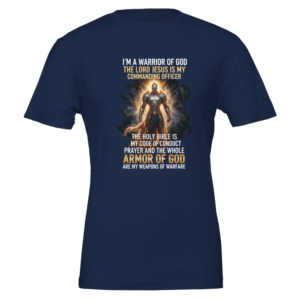 Navy blue t-shirt with warrior graphic and text on a white background