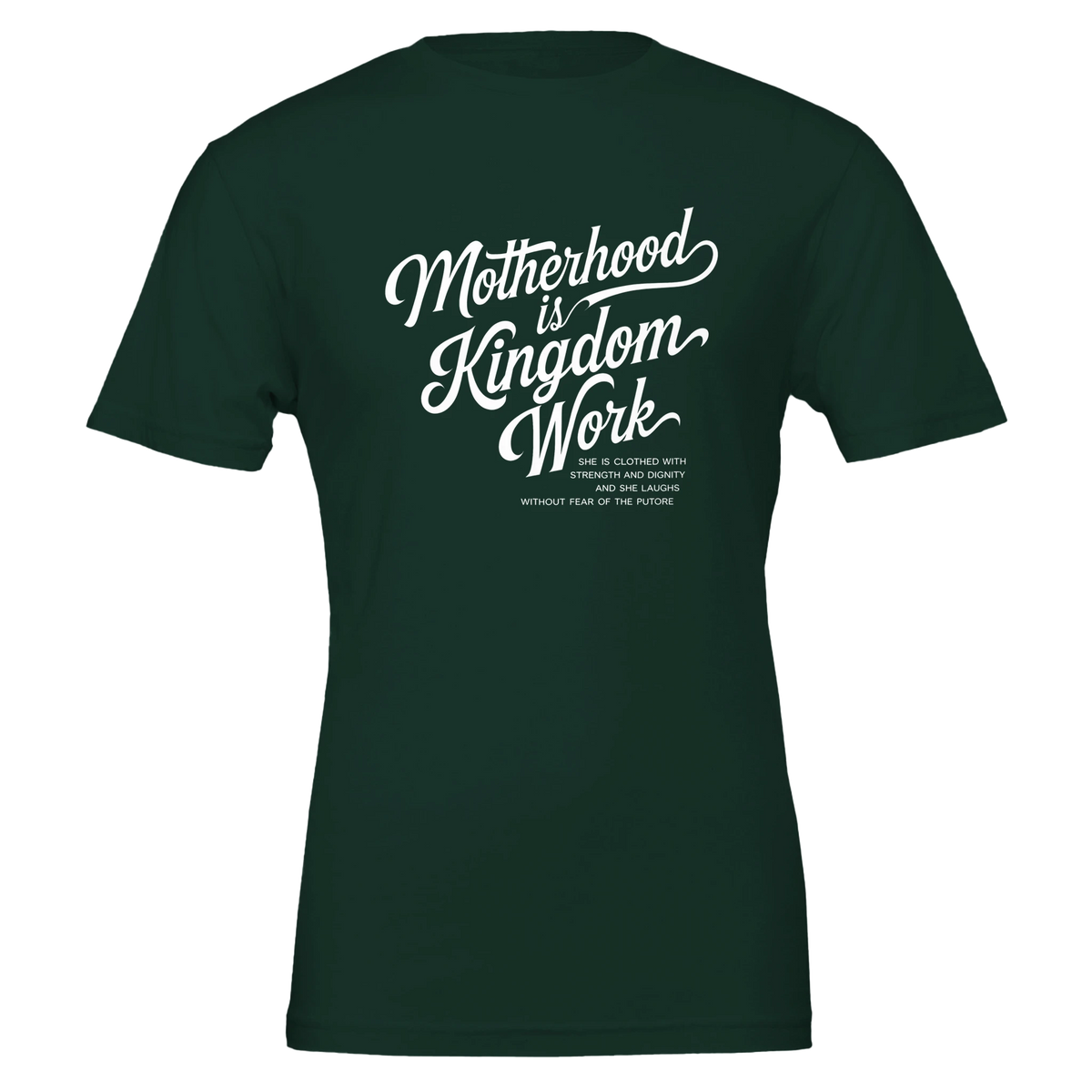Dark green t-shirt with white text on a white background