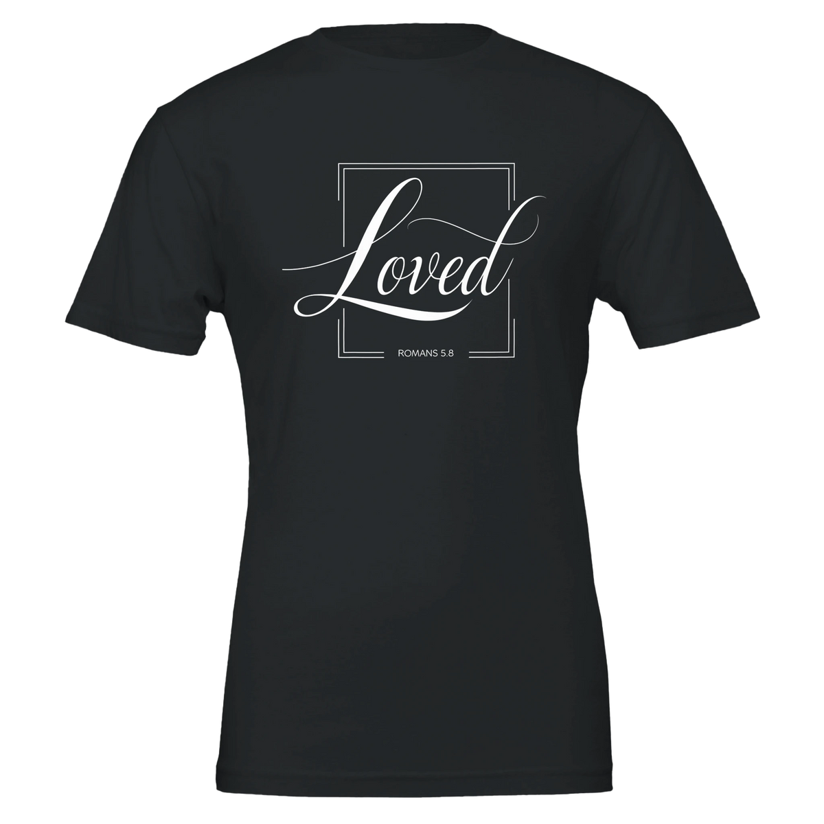 Black t-shirt with 'Loved' text on a white background