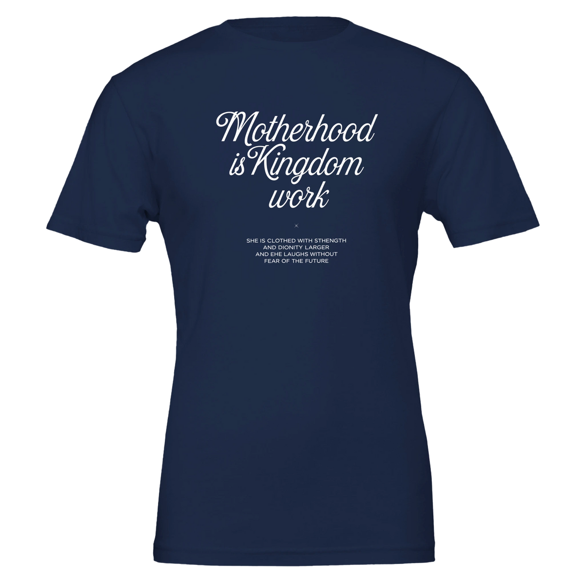 Navy blue t-shirt with white text on a white background