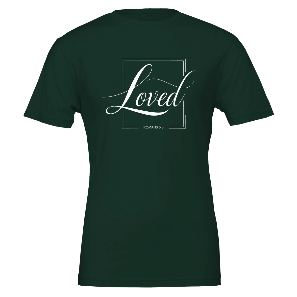 Dark green t-shirt with 'Loved' text design on a white background