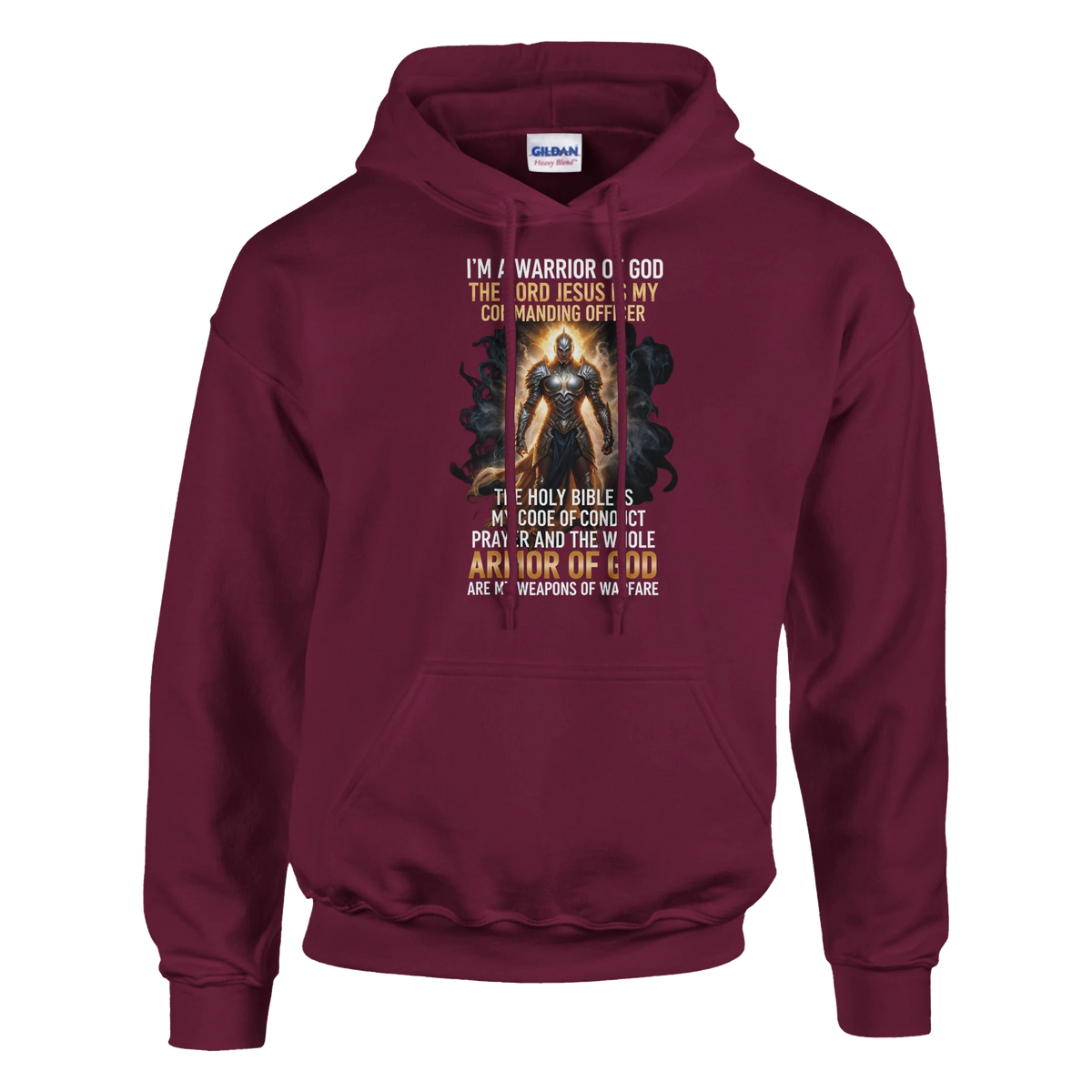 Maroon hoodie with graphic design and text on a white background