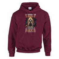 Maroon hoodie with graphic design and text on a white background
