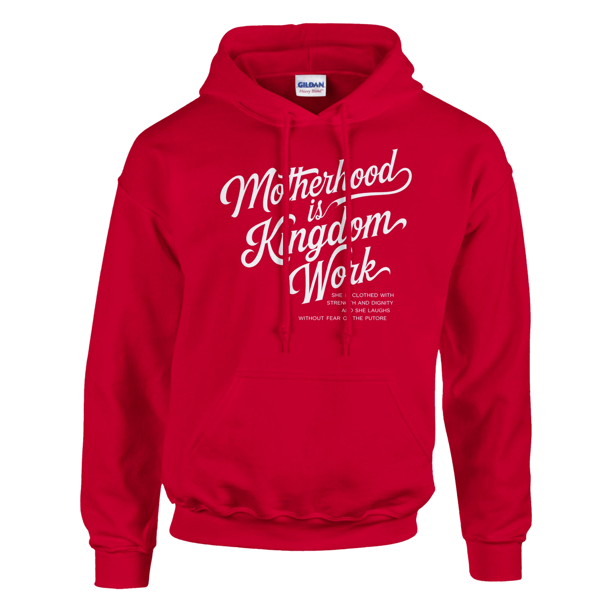 Red hoodie with white text on a white background