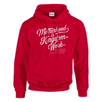 Red hoodie with white text on a white background