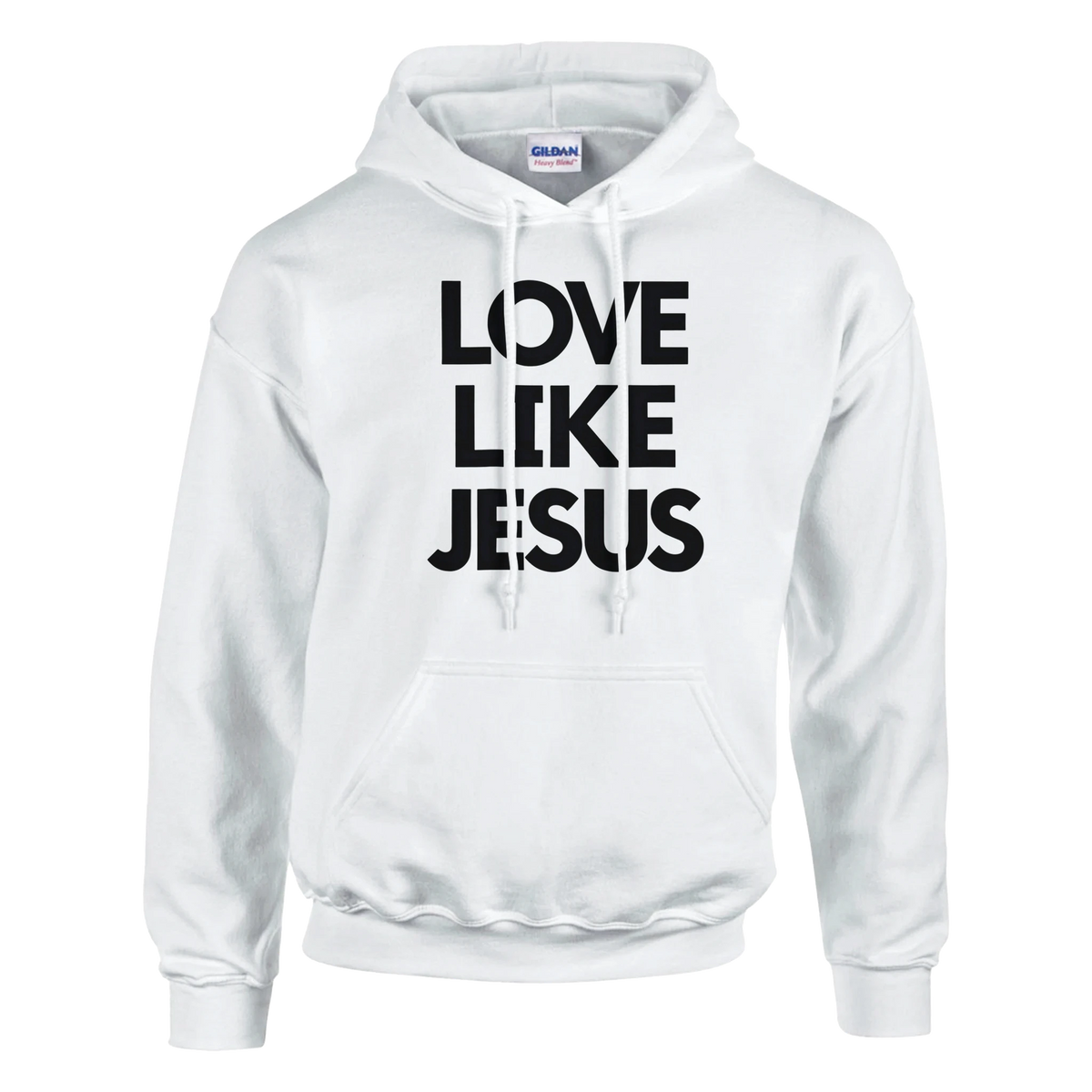 White hoodie with 'Love Like Jesus' text on a white background