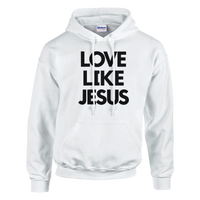 White hoodie with 'Love Like Jesus' text on a white background