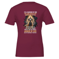 Maroon t-shirt with warrior graphic and text on a white background