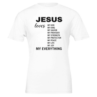 White t-shirt with black text listing attributes of 'Jesus' on a white background