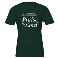 Green t-shirt with white text 'Praise The Lord' on a white background