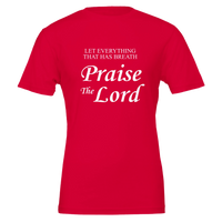 Red t-shirt with white text 'Praise The Lord' on a white background