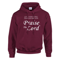 Maroon hoodie with 'Praise the Lord' text on a white background