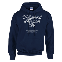 Navy blue hoodie with white text on a white background