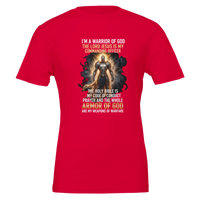 Red t-shirt with warrior graphic and text on a white background