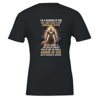 Black t-shirt with superhero graphic and motivational text on a white background
