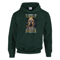 Dark green hoodie with graphic design and text on a white background