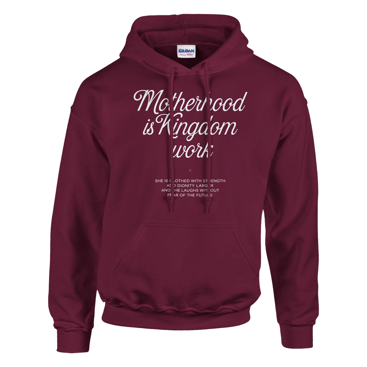 Maroon hoodie with text on a white background