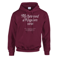 Maroon hoodie with text on a white background