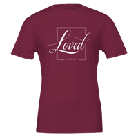 Maroon t-shirt with 'Loved' text on a white background
