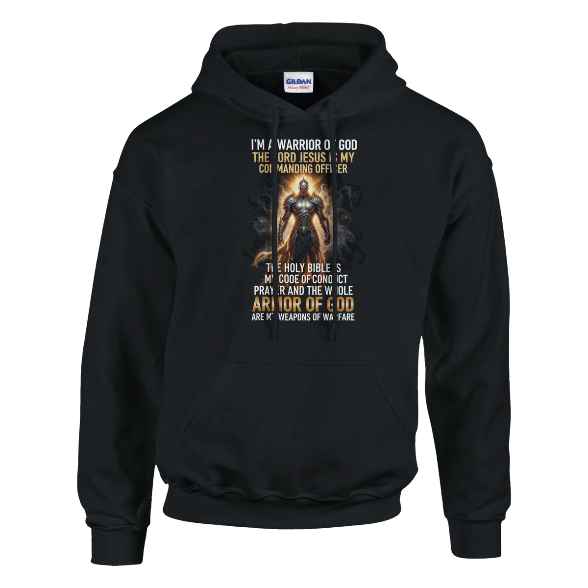 Black hoodie with warrior-themed design and text on a white background