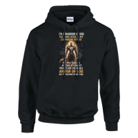 Black hoodie with warrior-themed design and text on a white background