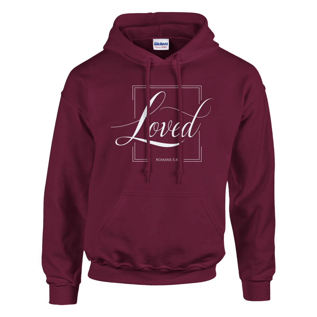 Maroon hoodie with 'Loved' text on a white background