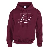 Maroon hoodie with 'Loved' text on a white background