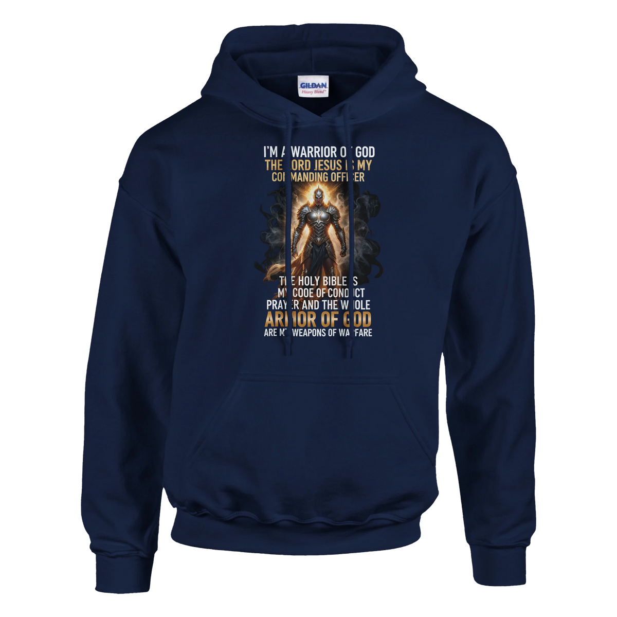 Navy blue hoodie with graphic design and text on a white background