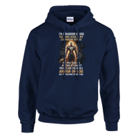 Navy blue hoodie with graphic design and text on a white background