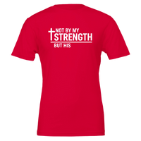 Red t-shirt with white text 'Not by my strength but His' on a white background