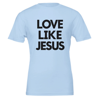 Light blue t-shirt with 'LOVE LIKE JESUS' text on a white background