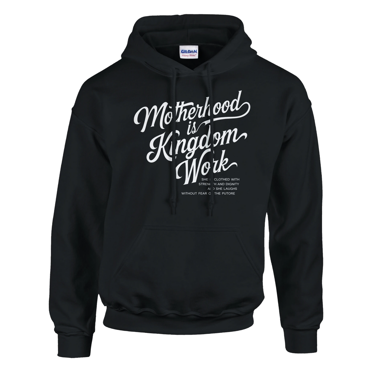 Black hoodie with white text on a white background