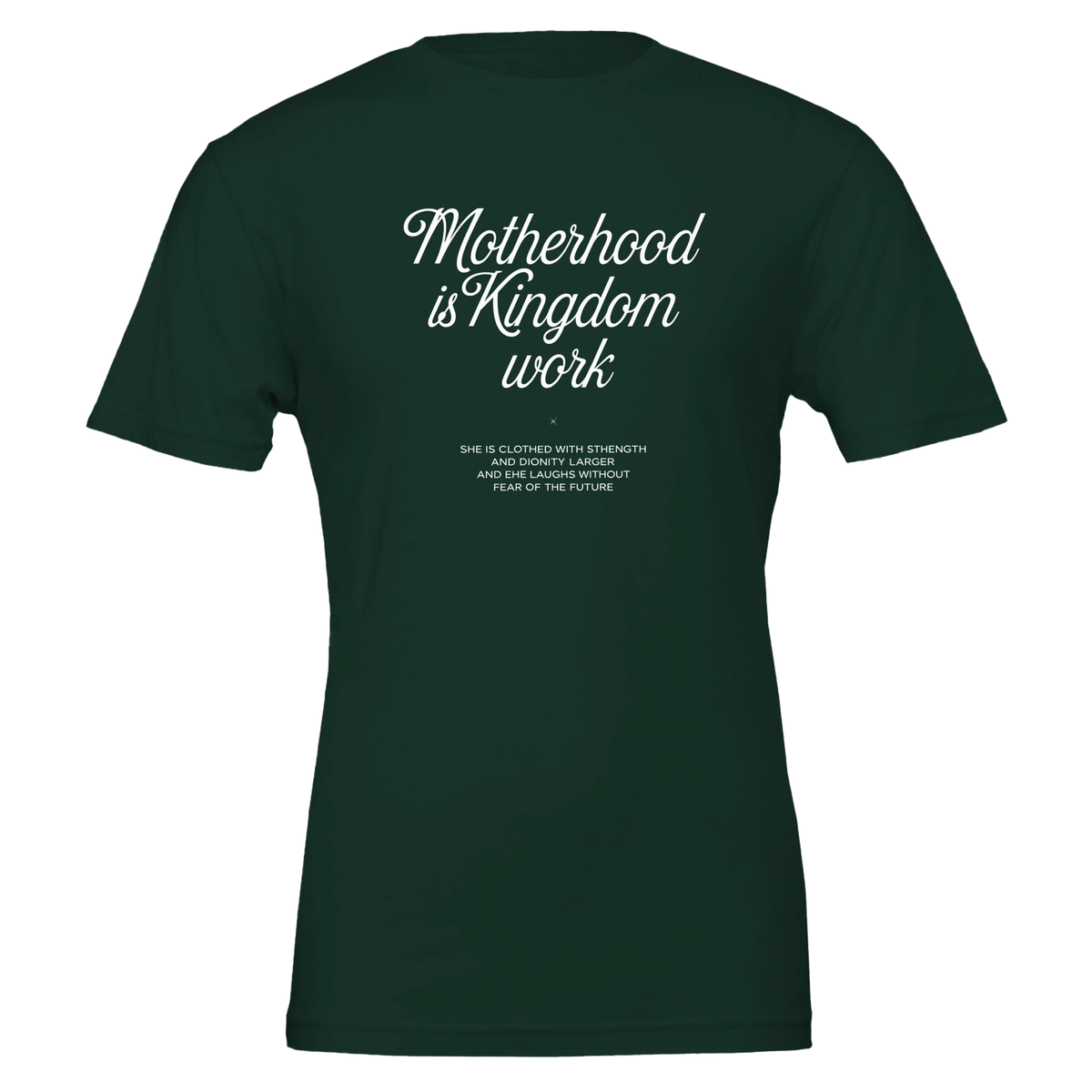 Green t-shirt with white text on a white background
