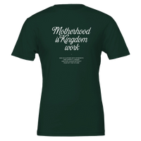Green t-shirt with white text on a white background