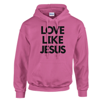 Pink hoodie with 'Love Like Jesus' text on a white background