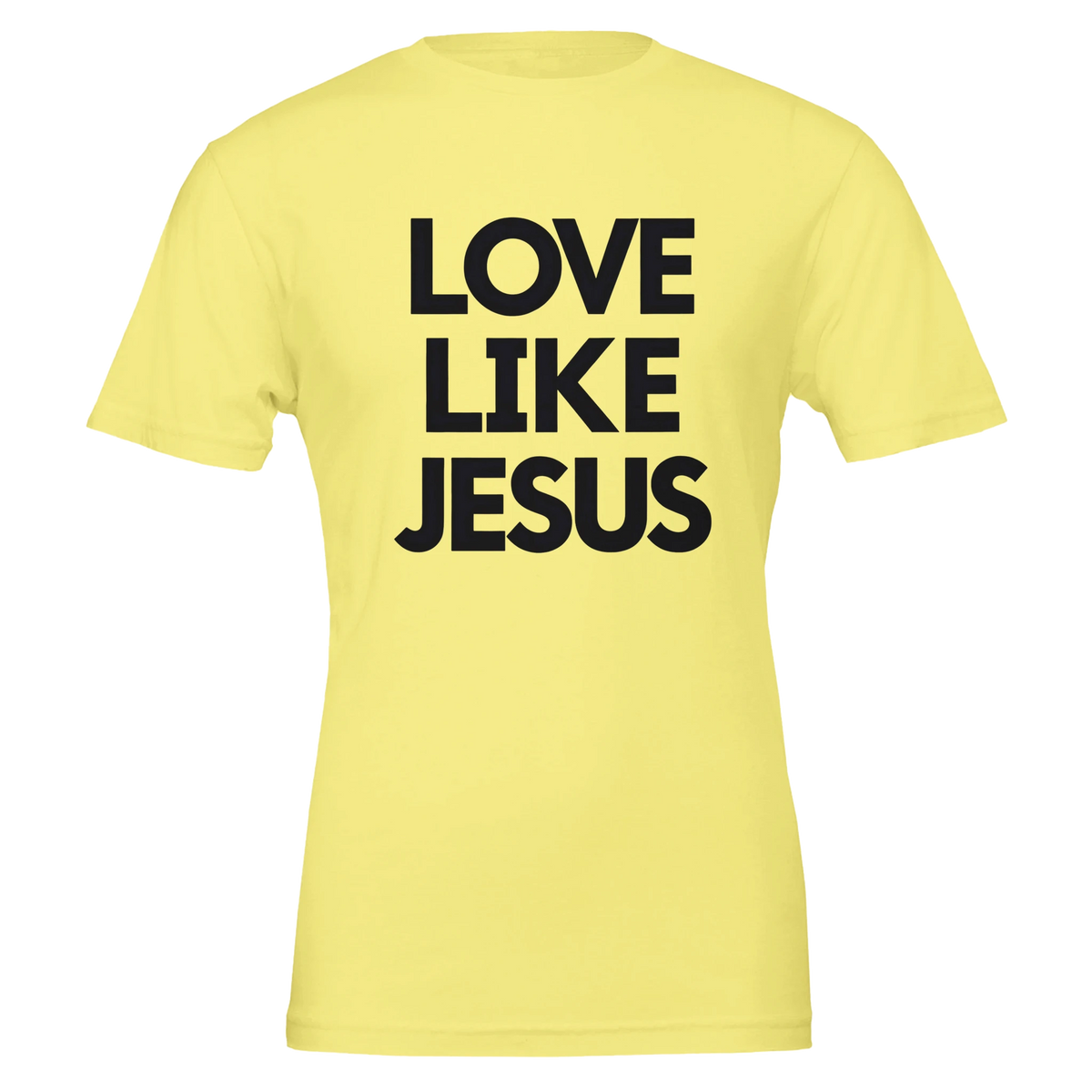 Yellow t-shirt with 'LOVE LIKE JESUS' text on a white background