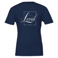 Navy blue t-shirt with 'Loved' text design on a white background